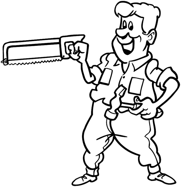 Carpenter with hack saw and hammer vinyl sticker. Customize on line.       Carpenters 018-0076  